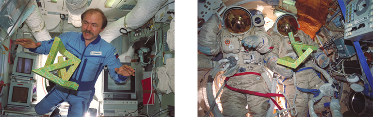 Cosmonaut Alexander Polischuk dancing with the Cosmic Dancer
Cosmic Dancer in the Mir spacesuit chamber.